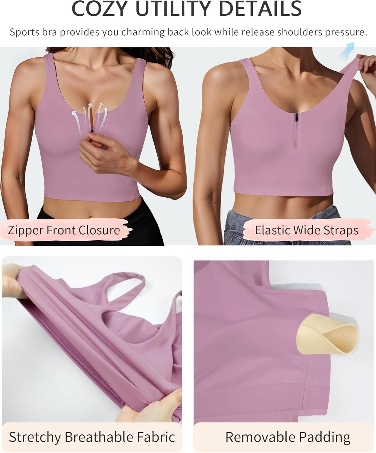 imageHORISUN Sports Bra Longline Zip Front Closure Workout Tops Yoga Crop Tank Top with Built in Bra for WomenVintage Purple