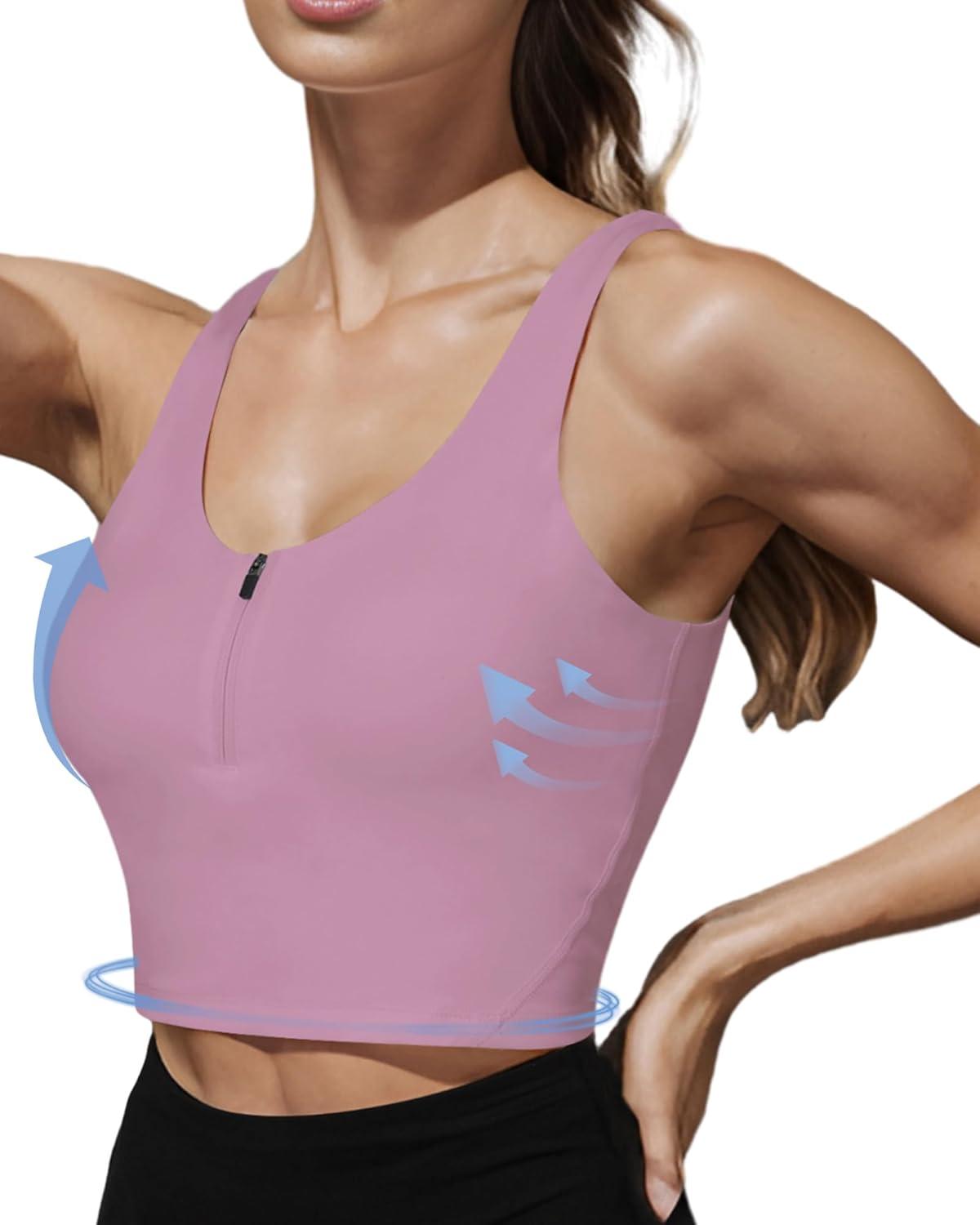imageHORISUN Sports Bra Longline Zip Front Closure Workout Tops Yoga Crop Tank Top with Built in Bra for WomenVintage Purple
