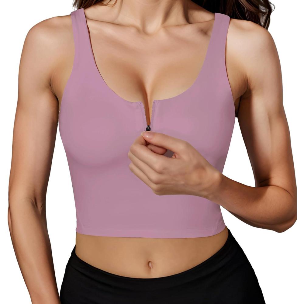imageHORISUN Sports Bra Longline Zip Front Closure Workout Tops Yoga Crop Tank Top with Built in Bra for WomenVintage Purple
