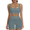 imageHORISUN Workout Sets for Women 2 Piece Outfits Seamless Ribbed Crop Tank Top Sports Bra High Waist Biker Shorts Yoga LeggingsAura Blue