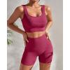 imageHORISUN Workout Sets for Women 2 Piece Outfits Seamless Ribbed Crop Tank Top Sports Bra High Waist Biker Shorts Yoga LeggingsCute Pink