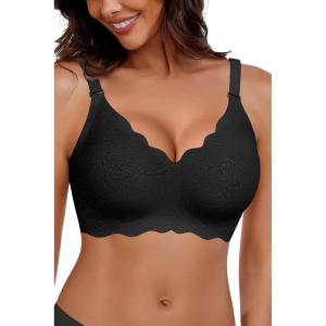 imageHORISUN Bras for Women No Underwire V Neck Scalloped Wireless Push Up Bra with Soft Support Comfort Seamless BralettesBlack