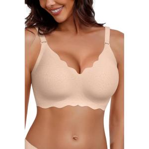imageHORISUN Bras for Women No Underwire V Neck Scalloped Wireless Push Up Bra with Soft Support Comfort Seamless BralettesJacquard Milk Coffee