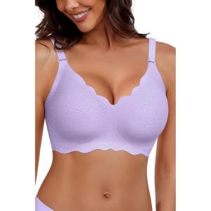 imageHORISUN Bras for Women No Underwire V Neck Scalloped Wireless Push Up Bra with Soft Support Comfort Seamless BralettesLight Purple