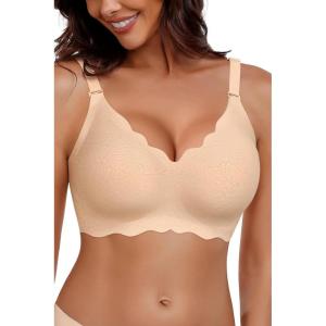 imageHORISUN Bras for Women No Underwire V Neck Scalloped Wireless Push Up Bra with Soft Support Comfort Seamless BralettesNude