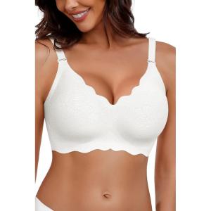 imageHORISUN Bras for Women No Underwire V Neck Scalloped Wireless Push Up Bra with Soft Support Comfort Seamless BralettesWhite