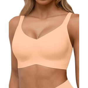 imageHORISUN Seamless Bras Full Coverage Wireless Push Up Bra for Women No Underwire Comfort V Neck Bralettes with SupportPeach