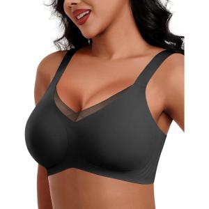 imageHORISUN Seamless Mesh Lace Bras for Women No Underwire Wireless Bras with Support and Lift Full Coverage Deep V BralettesBlack