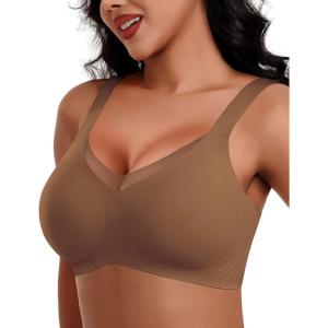 imageHORISUN Seamless Mesh Lace Bras for Women No Underwire Wireless Bras with Support and Lift Full Coverage Deep V BralettesCoffee