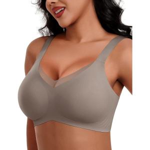 imageHORISUN Seamless Mesh Lace Bras for Women No Underwire Wireless Bras with Support and Lift Full Coverage Deep V BralettesGrey