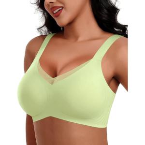 imageHORISUN Seamless Mesh Lace Bras for Women No Underwire Wireless Bras with Support and Lift Full Coverage Deep V BralettesLemon Green