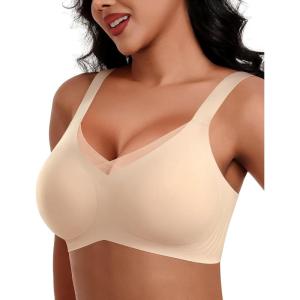 imageHORISUN Seamless Mesh Lace Bras for Women No Underwire Wireless Bras with Support and Lift Full Coverage Deep V BralettesNude