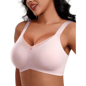 imageHORISUN Seamless Mesh Lace Bras for Women No Underwire Wireless Bras with Support and Lift Full Coverage Deep V BralettesPink