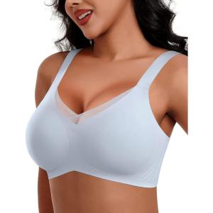 imageHORISUN Seamless Mesh Lace Bras for Women No Underwire Wireless Bras with Support and Lift Full Coverage Deep V BralettesSky Blue