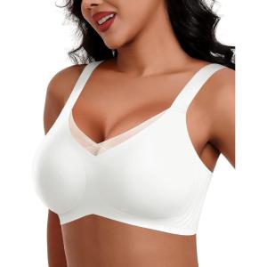 imageHORISUN Seamless Mesh Lace Bras for Women No Underwire Wireless Bras with Support and Lift Full Coverage Deep V BralettesWhite
