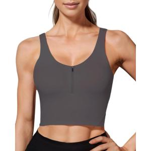 imageHORISUN Sports Bra Longline Zip Front Closure Workout Tops Yoga Crop Tank Top with Built in Bra for WomenCharcoal Grey