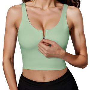 imageHORISUN Sports Bra Longline Zip Front Closure Workout Tops Yoga Crop Tank Top with Built in Bra for WomenJasmine Green