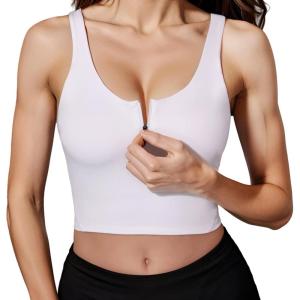 imageHORISUN Sports Bra Longline Zip Front Closure Workout Tops Yoga Crop Tank Top with Built in Bra for WomenWhite