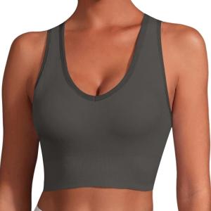 imageHORISUN Sports Bra for Women Longline Padded Strappy Wireless V Neck Full Coverage Sports Bra for WorkoutDark Grey
