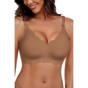 imageHORISUN Wireless Seamless Bras for Women No Underwire Wavy V Neck Soft Support Full Coverage Comfortable BraCoffee