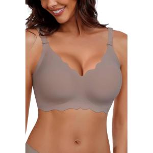 imageHORISUN Wireless Seamless Bras for Women No Underwire Wavy V Neck Soft Support Full Coverage Comfortable BraGrey