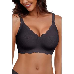 imageHORISUN Wireless Seamless Bras for Women No Underwire Wavy V Neck Soft Support Full Coverage Comfortable BraJacquard Dark Grey Magic Black