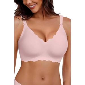 imageHORISUN Wireless Seamless Bras for Women No Underwire Wavy V Neck Soft Support Full Coverage Comfortable BraPink