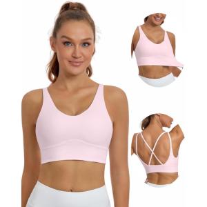 imageHORISUN Womens Ruched VNeck Longline Sports Bra Racerback Paded Yoga Activewear Moisture Wicking Low Cut Crop Tank Top1pink
