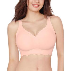 imageHORISUN Womens Seamless Bra Wavy Wireless Full Coverage Padded Smoothing No Underwire Comfort V Neck Bralettes with SupportPink