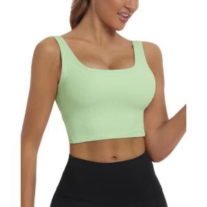 imageHORISUN Womens Sports Bra Longline Padded Wirefree Workout Tops Medium Support Seamless Ribbed Crop Tops Gym Yoga Tank ShirtsGreen