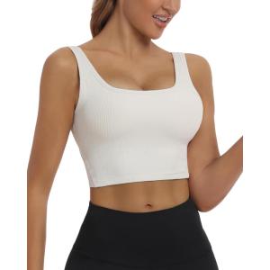 imageHORISUN Womens Sports Bra Longline Padded Wirefree Workout Tops Medium Support Seamless Ribbed Crop Tops Gym Yoga Tank ShirtsIvory White
