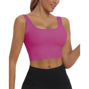 imageHORISUN Womens Sports Bra Longline Padded Wirefree Workout Tops Medium Support Seamless Ribbed Crop Tops Gym Yoga Tank ShirtsPink