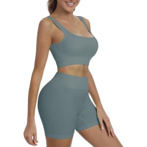 imageHORISUN Workout Sets for Women 2 Piece Outfits Seamless Ribbed Crop Tank Top Sports Bra High Waist Biker Shorts Yoga LeggingsAura Blue