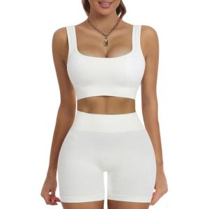 imageHORISUN Workout Sets for Women 2 Piece Outfits Seamless Ribbed Crop Tank Top Sports Bra High Waist Biker Shorts Yoga LeggingsClassic Beige