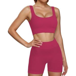 imageHORISUN Workout Sets for Women 2 Piece Outfits Seamless Ribbed Crop Tank Top Sports Bra High Waist Biker Shorts Yoga LeggingsCute Pink