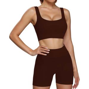 imageHORISUN Workout Sets for Women 2 Piece Outfits Seamless Ribbed Crop Tank Top Sports Bra High Waist Biker Shorts Yoga LeggingsGrace Coffee