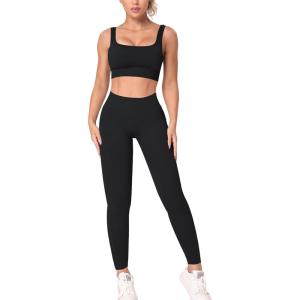 imageHORISUN Workout Sets for Women 2 Piece Outfits Seamless Ribbed Crop Tank Top Sports Bra High Waist Biker Shorts Yoga LeggingsLong Leggings Tanks Black