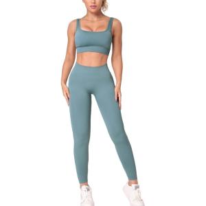 imageHORISUN Workout Sets for Women 2 Piece Outfits Seamless Ribbed Crop Tank Top Sports Bra High Waist Biker Shorts Yoga LeggingsLong Leggings Tanks Blue
