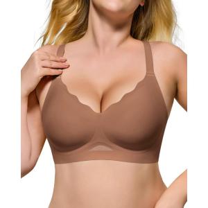 imageHORISUN Womens No Underwire Bras Supportive Scalloped V Neck Tshirt Bra Comfortable Wireless Seamless Push Up BraletteCoffee