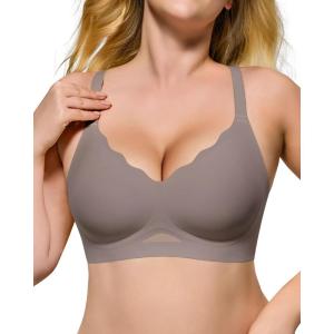 imageHORISUN Womens No Underwire Bras Supportive Scalloped V Neck Tshirt Bra Comfortable Wireless Seamless Push Up BraletteGrey
