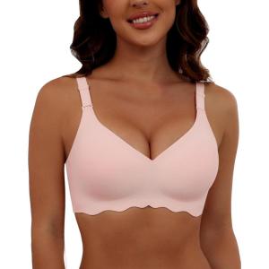 imageHORISUN Wireless T Shirt Bra Seamless Push Up Bralette Full Coverage V Neck Comfortable Bras for WomenPink