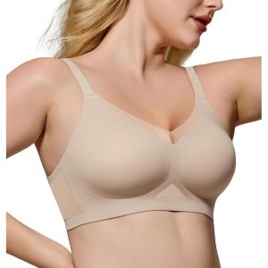 imageHORISUN No Underwire Bra for Women Wireless Bras with Soft Support V Neck Mesh Lace Seamless Comfort BraSkin Nude
