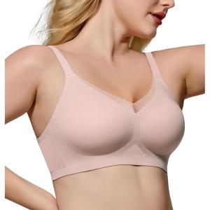 imageHORISUN Wireless Bras for Women No Underwire Bra with Soft Support V Neck Mesh Lace Bralette Everyday BrasLight Pink