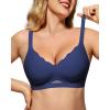imageHORISUN Womens No Underwire Bras Supportive Scalloped V Neck Tshirt Bra Comfortable Wireless Seamless Push Up BraletteNavy Blue