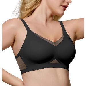 imageHORISUN No Underwire Bra for Women Wireless Bras with Soft Support V Neck Mesh Lace Seamless Comfort BraBlack  Nude