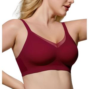 imageHORISUN No Underwire Bra for Women Wireless Bras with Soft Support V Neck Mesh Lace Seamless Comfort BraBurgundy
