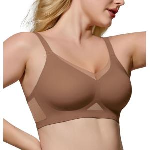 imageHORISUN No Underwire Bra for Women Wireless Bras with Soft Support V Neck Mesh Lace Seamless Comfort BraCoffee  Nude