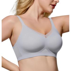 imageHORISUN No Underwire Bra for Women Wireless Bras with Soft Support V Neck Mesh Lace Seamless Comfort BraLight Blue