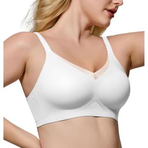 imageHORISUN No Underwire Bra for Women Wireless Bras with Soft Support V Neck Mesh Lace Seamless Comfort BraPure White
