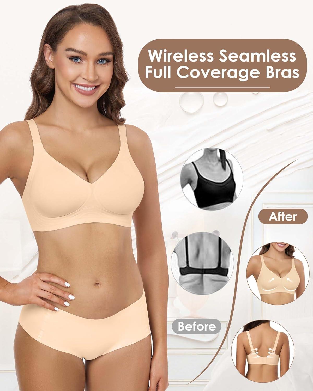 imageHORISUN Wireless Bras for Women Soft Comfortable No Underwire T Shirt Bra Seamless Full Coverage Bras with SupportPink Nude